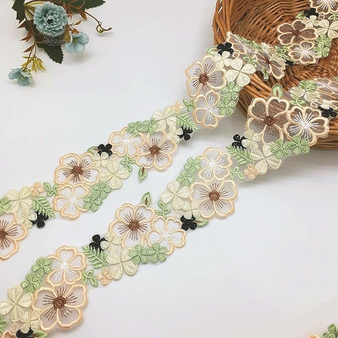 Organza 3D Flower Lace Trim Green and Beige Embroidery Floral lace Ribbon Sewing Lace for Bridal Applique Dress DIY Craft Decor
