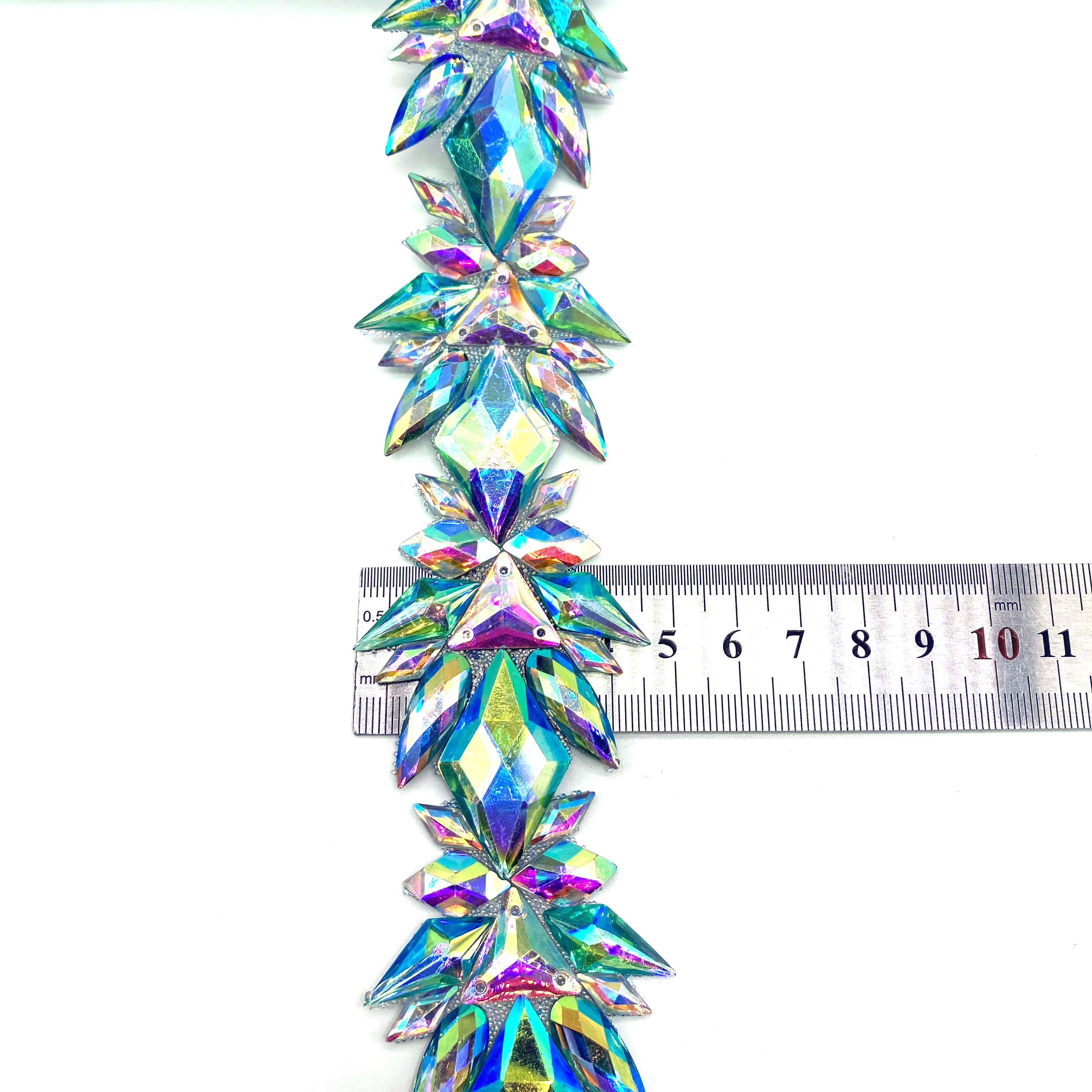 Wholesale turquoise AB resin sequin lace trims iron on rhinestone appliques trimmings for boutique carnival garment accessories