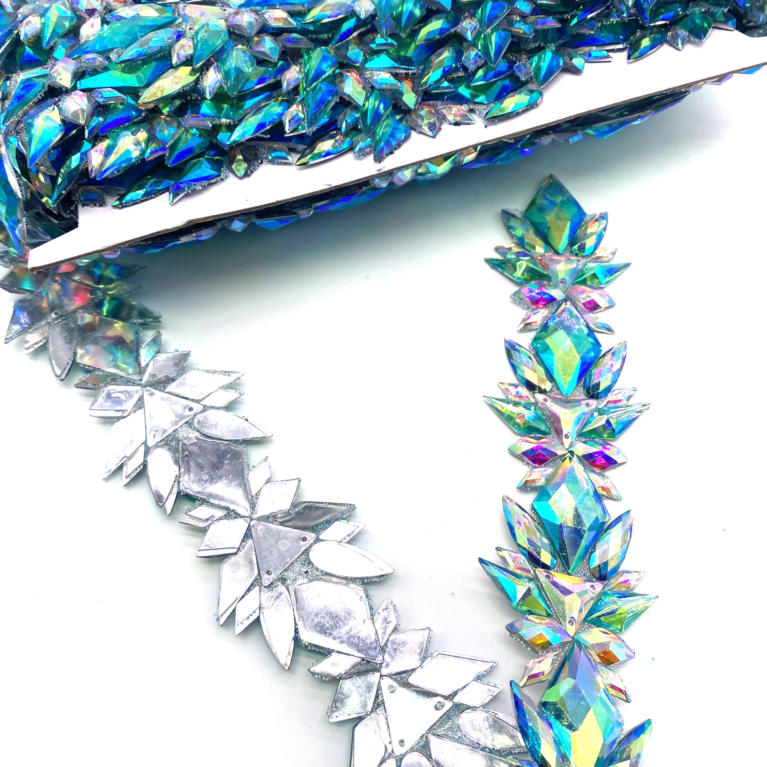Wholesale turquoise AB resin sequin lace trims iron on rhinestone appliques trimmings for boutique carnival garment accessories