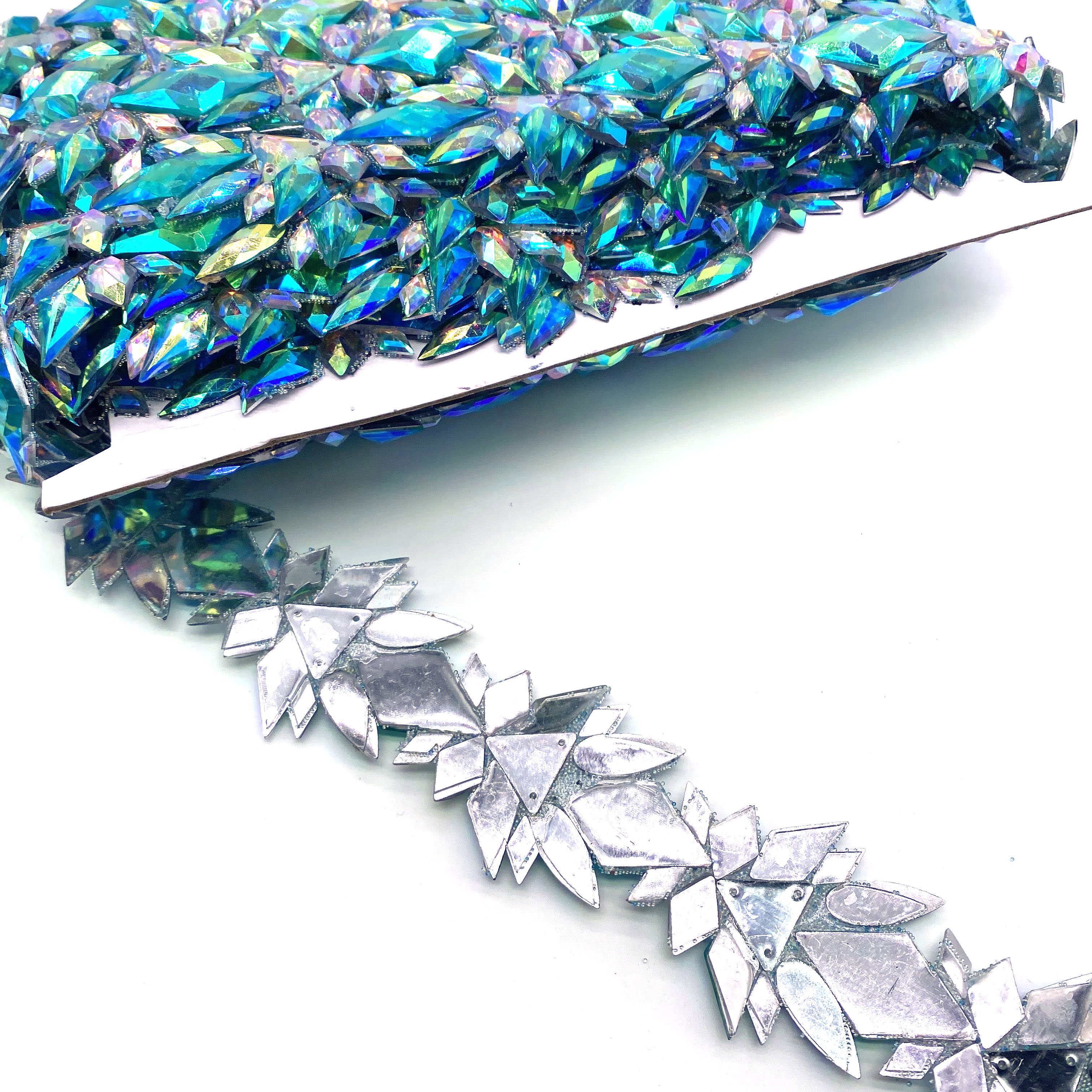 Wholesale turquoise AB resin sequin lace trims iron on rhinestone appliques trimmings for boutique carnival garment accessories