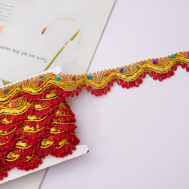 wholesale 3.5cm bead Gold And Silver border lace trim weave knitting colorful glitter sequin embroidery african laces trim