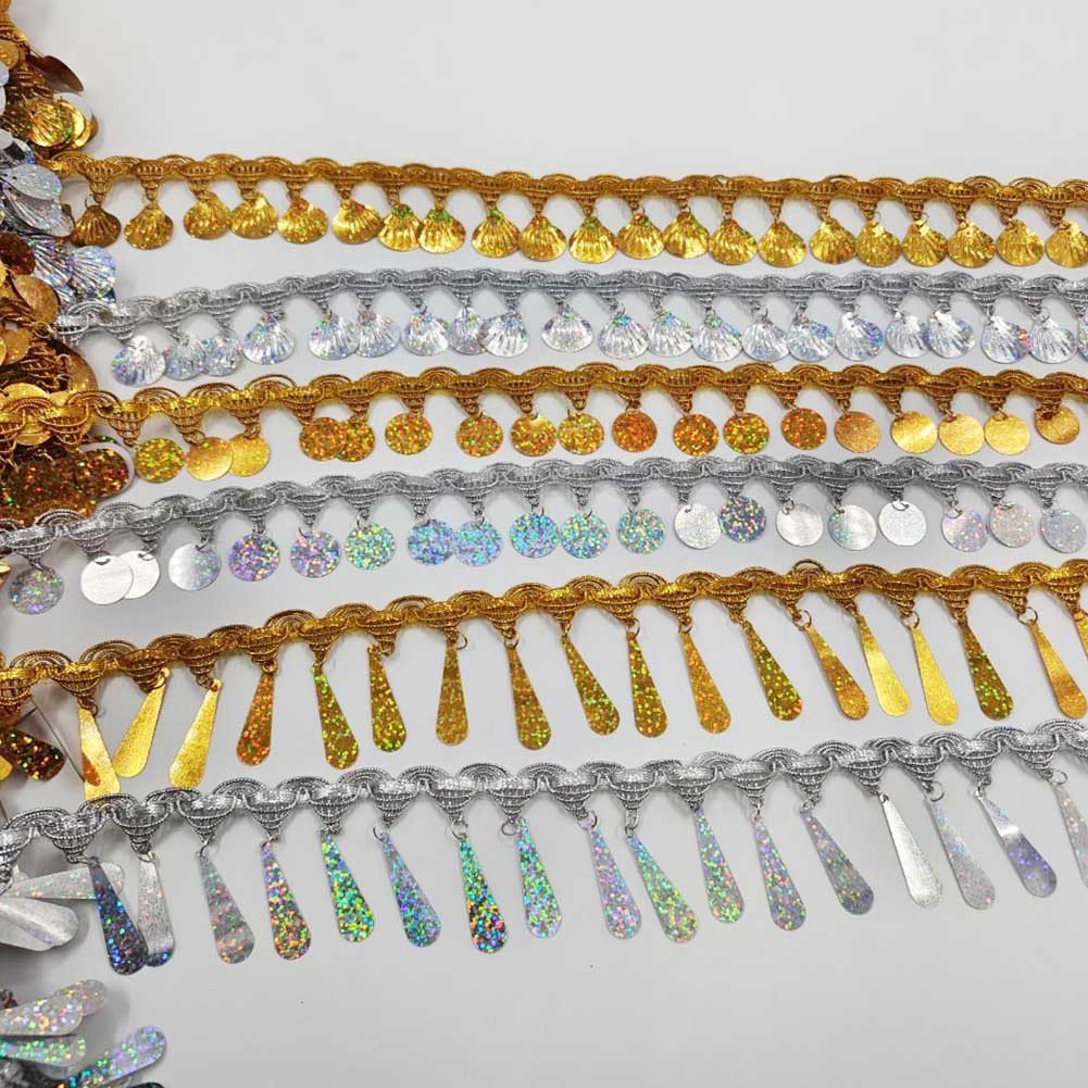 Wholesale Gold Silver Glitter Gimp Crown Flower Lace Scallop Weaving Border Trimming Tassel Fringe Lace Trim