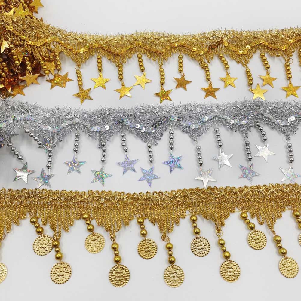 Wholesale Gold Silver Glitter Gimp Crown Flower Lace Scallop Weaving Border Trimming Tassel Fringe Lace Trim
