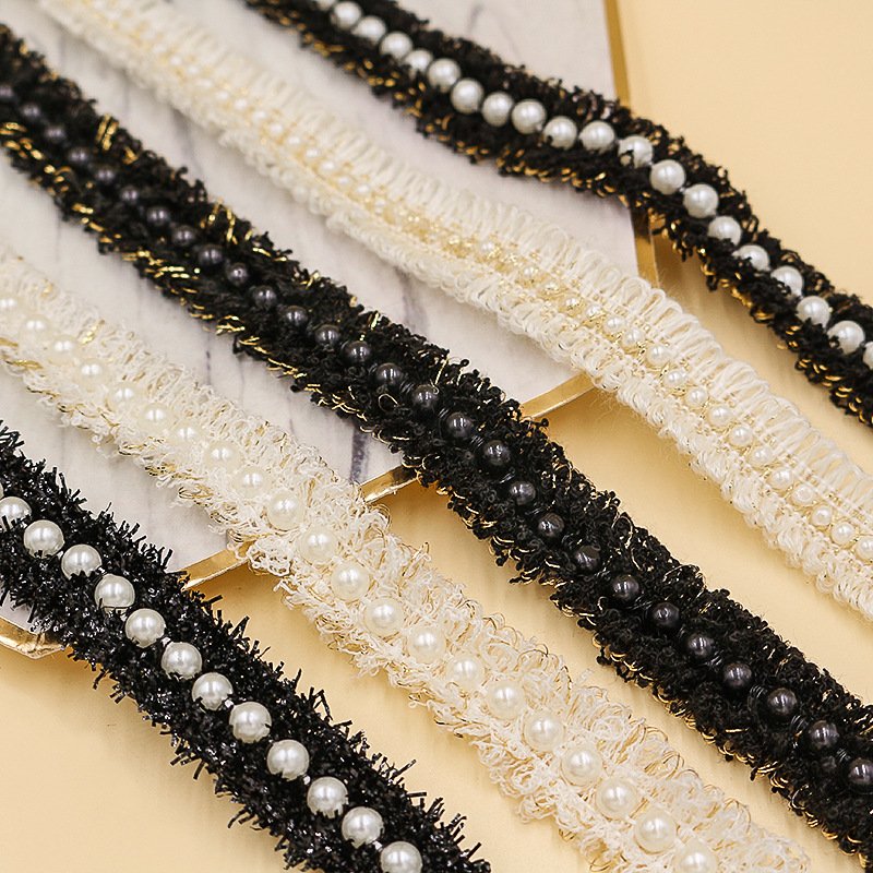 fancy style 3cm wide white black blue color tweed lace ribbon trim for garment