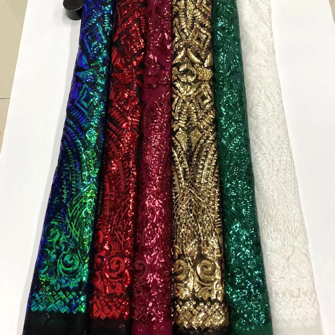 Wholesale African Fabric Lace Clothes Textile Polyester Jacquard Organza Embroidery Sequins Lace Fabrics For Wedding Party Dress