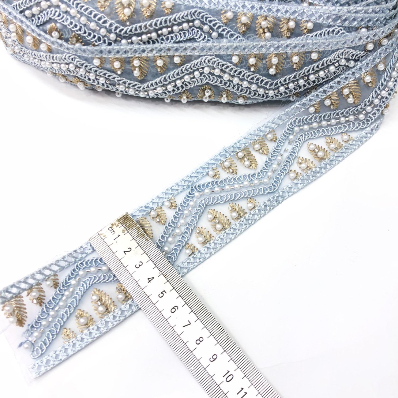 Width 5 cm handmade organza lace ribbon beads Sequins pearls tulle mesh cord lace trim for clothing Collar dress