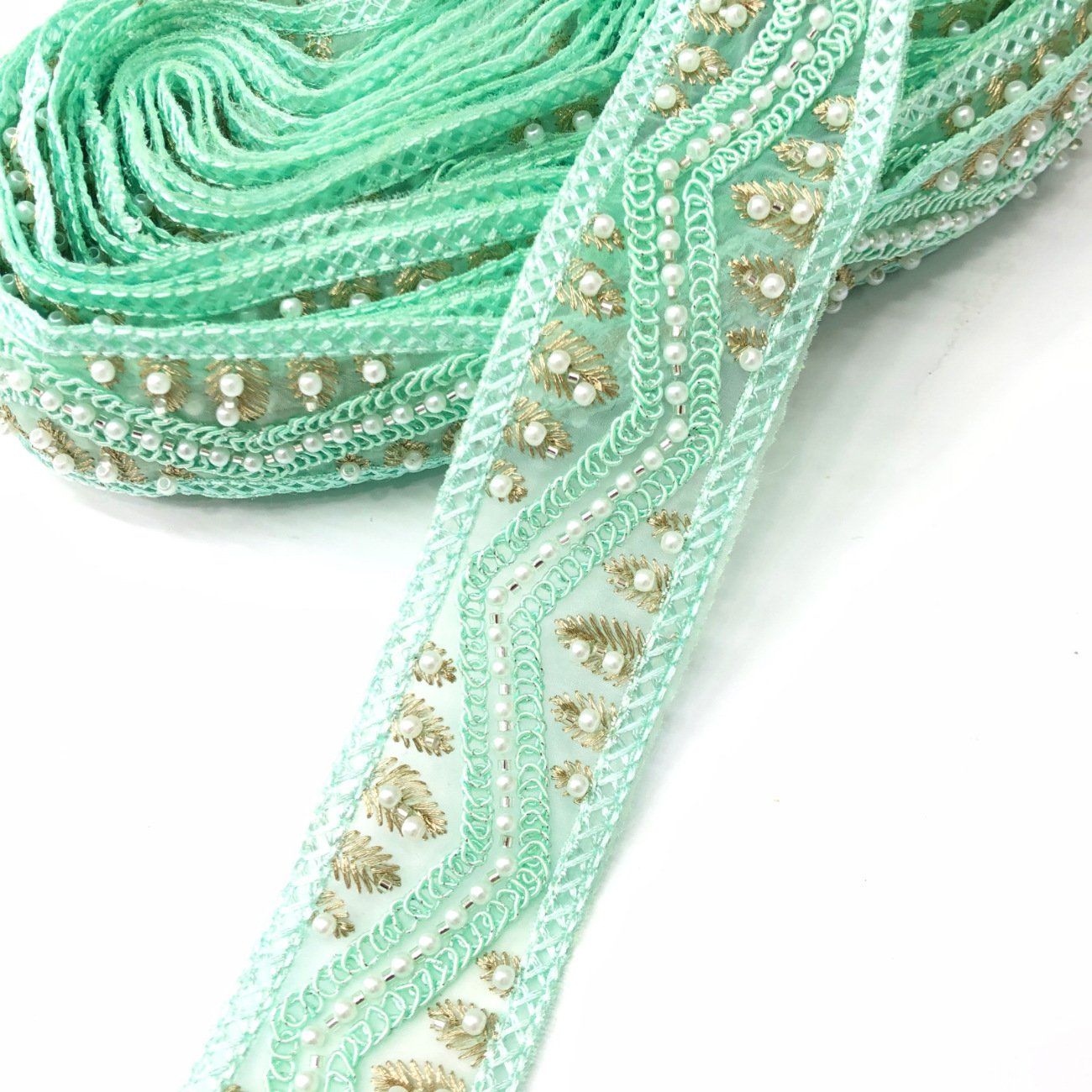 Width 5 cm handmade organza lace ribbon beads Sequins pearls tulle mesh cord lace trim for clothing Collar dress