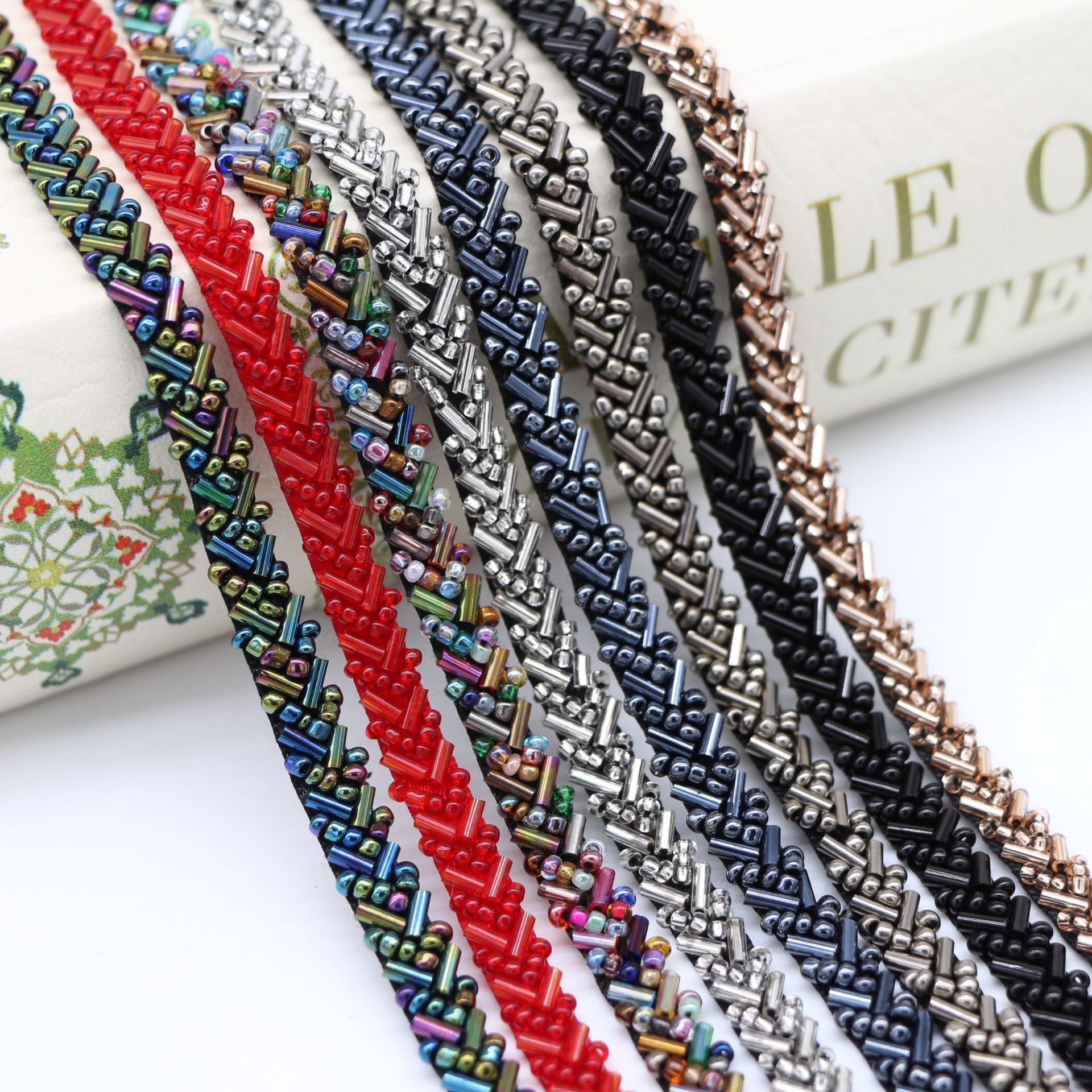 Width 7 mm Handmade tube lace ribbon heavy beads tulle mesh lace trim for dress Collar decorations