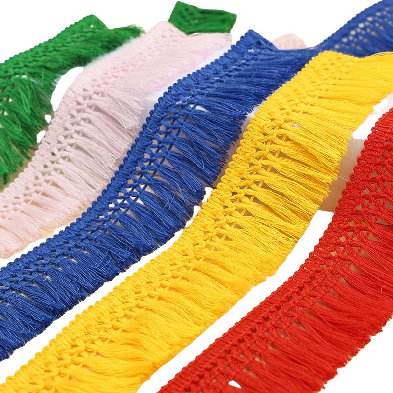 Oeko tex cotton viscose tassel fringe pom pom border lace tape trim by the yard for textiles, carpets flag, curtains, cloth