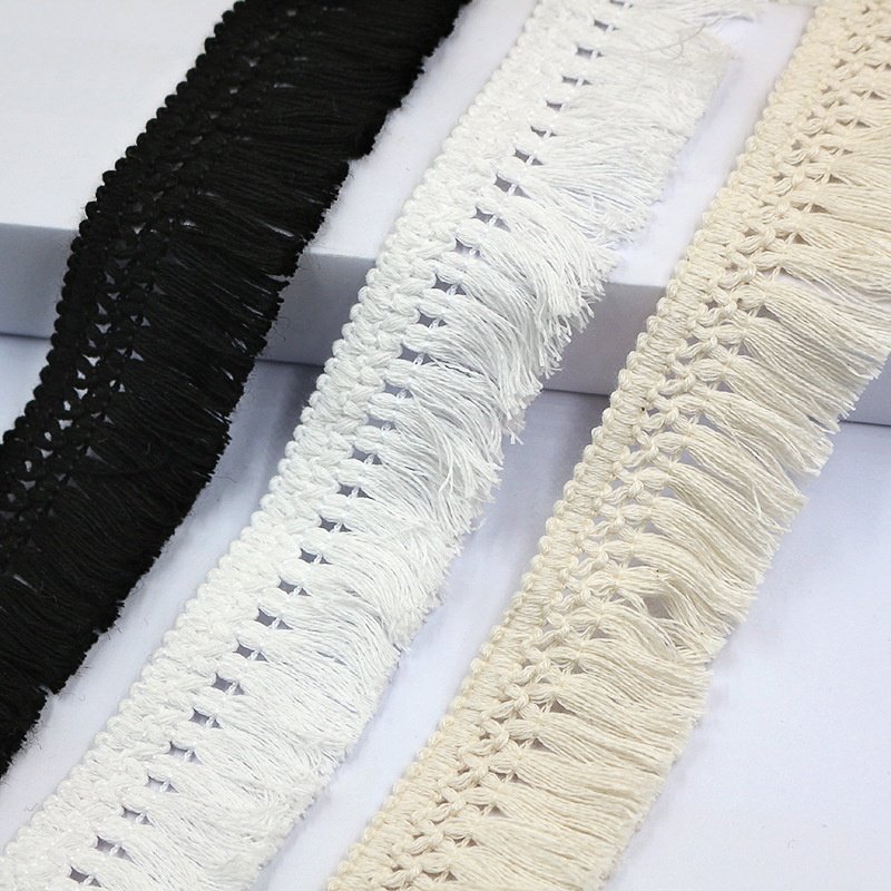 Oeko tex cotton viscose tassel fringe pom pom border lace tape trim by the yard for textiles, carpets flag, curtains, cloth