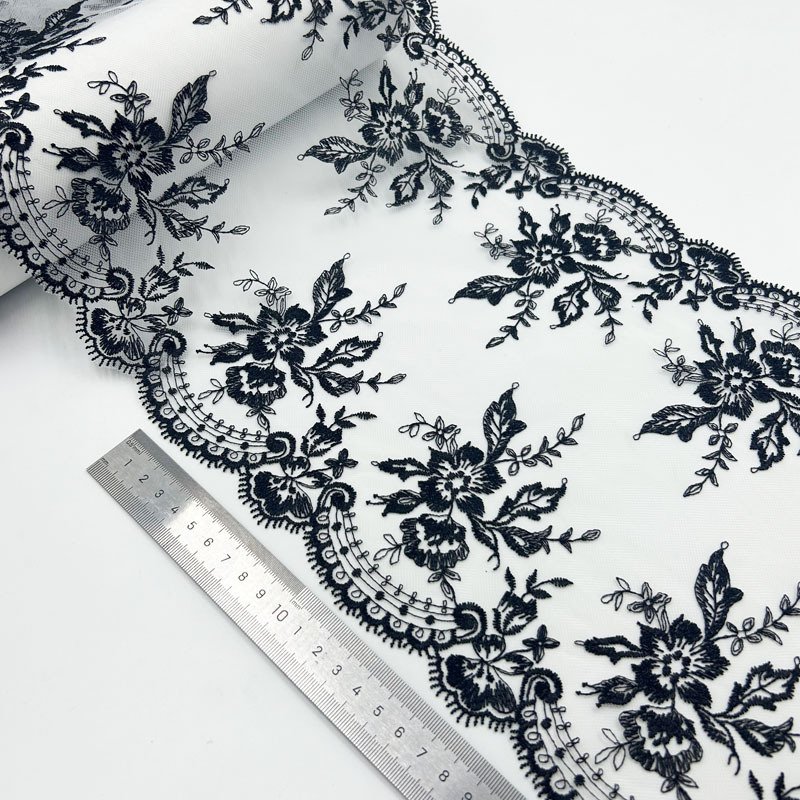 30CM direct factory Wholesale Black flower Embroidered tulle Lace Trimming swiss lace fabric for Lingerie pyjamas WS88
