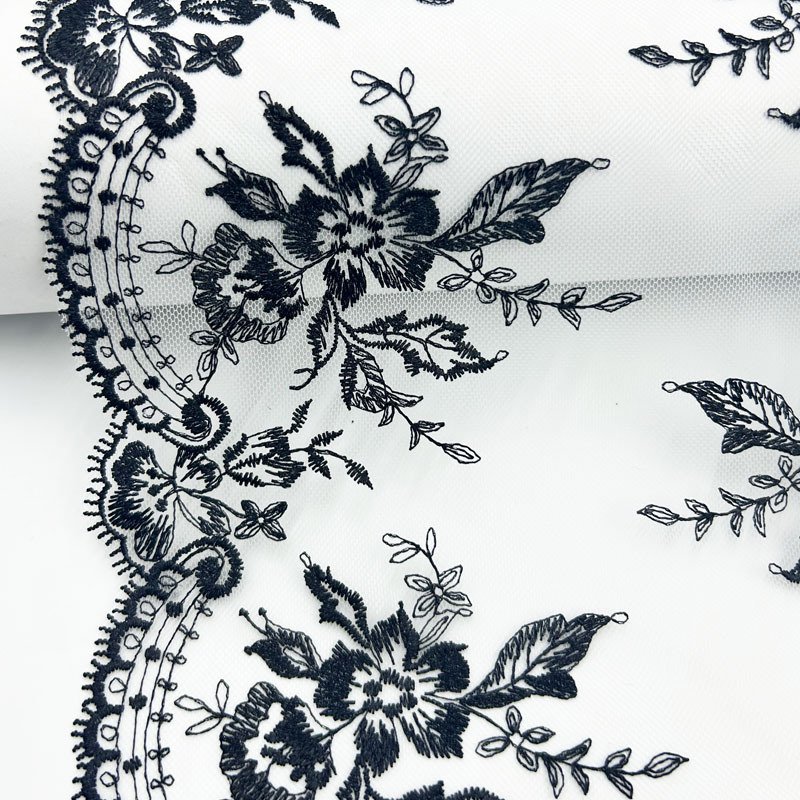 30CM direct factory Wholesale Black flower Embroidered tulle Lace Trimming swiss lace fabric for Lingerie pyjamas WS88