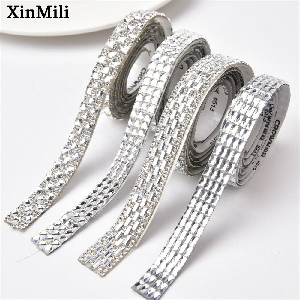 Glitter Clear Square Rhinestone Sticker Diamond Ribbon Self Adhesive Crystal Tape Trim Applique for Wedding Car Home Decoration