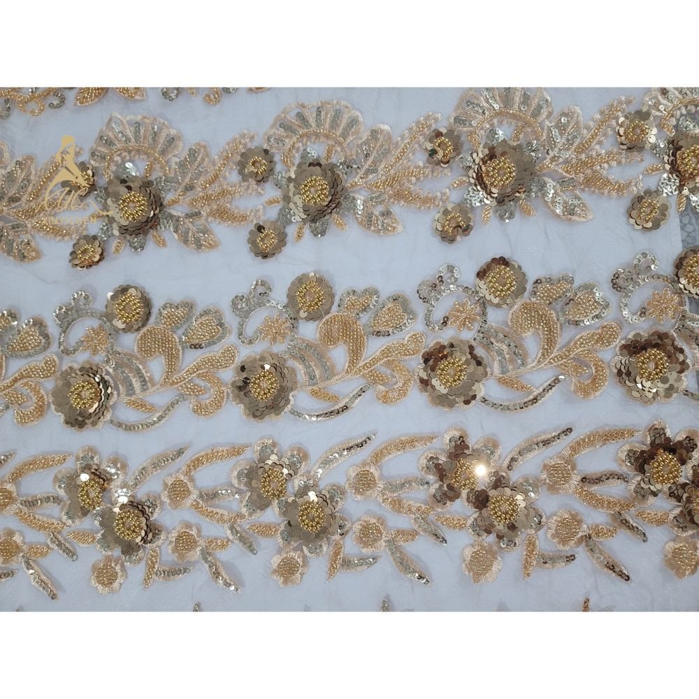 high quality Golden lace embroidery trimming Beaded Sequined 3D Flower diamond for dress accessories