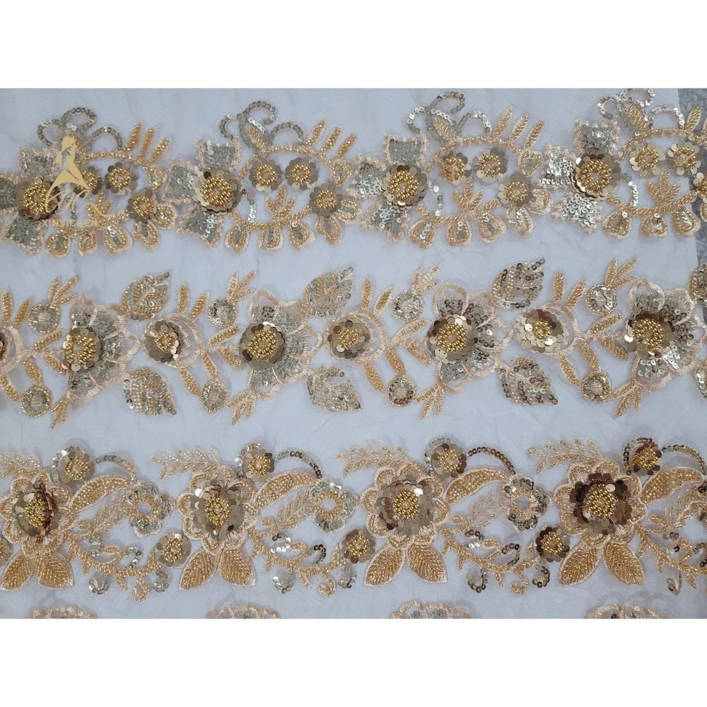 high quality Golden lace embroidery trimming Beaded Sequined 3D Flower diamond for dress accessories