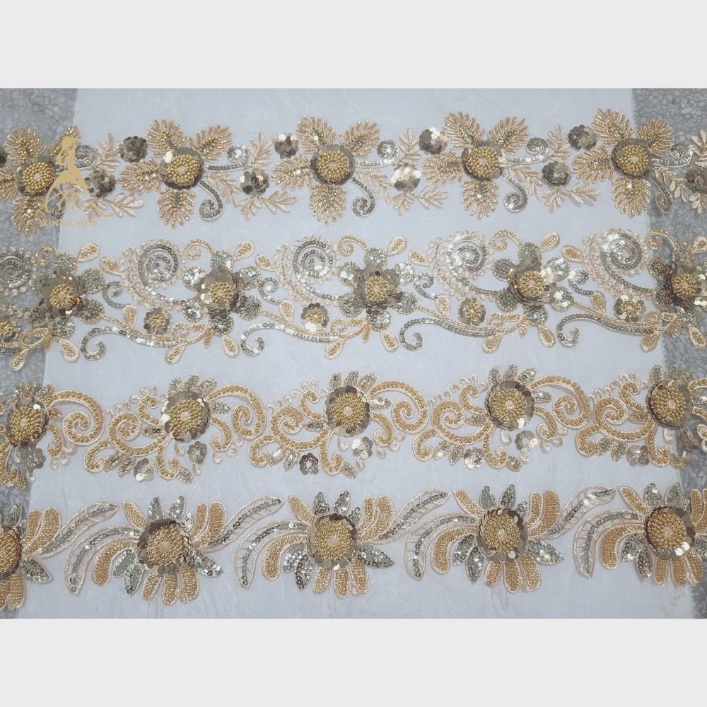 high quality Golden lace embroidery trimming Beaded Sequined 3D Flower diamond for dress accessories