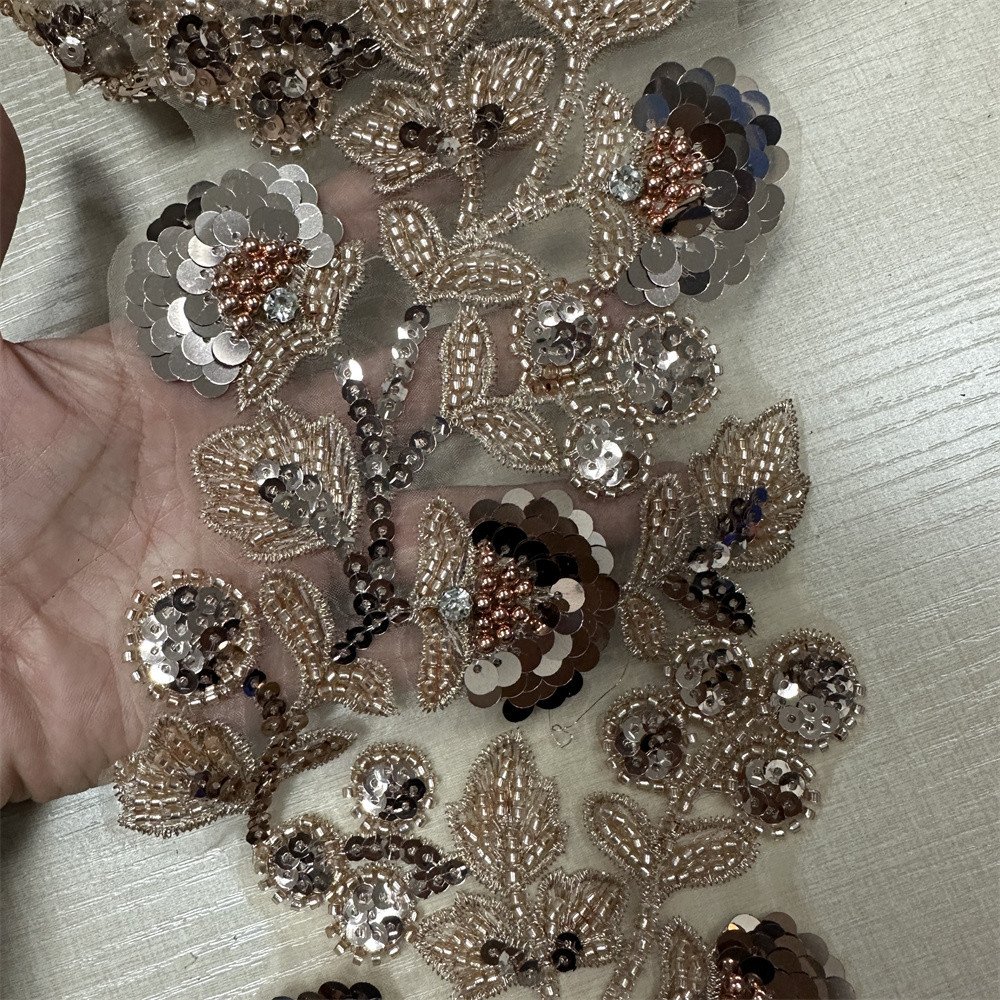 Wholesale Gold Silver Sequin Beading Embroidery Lace trim for Wedding Dress