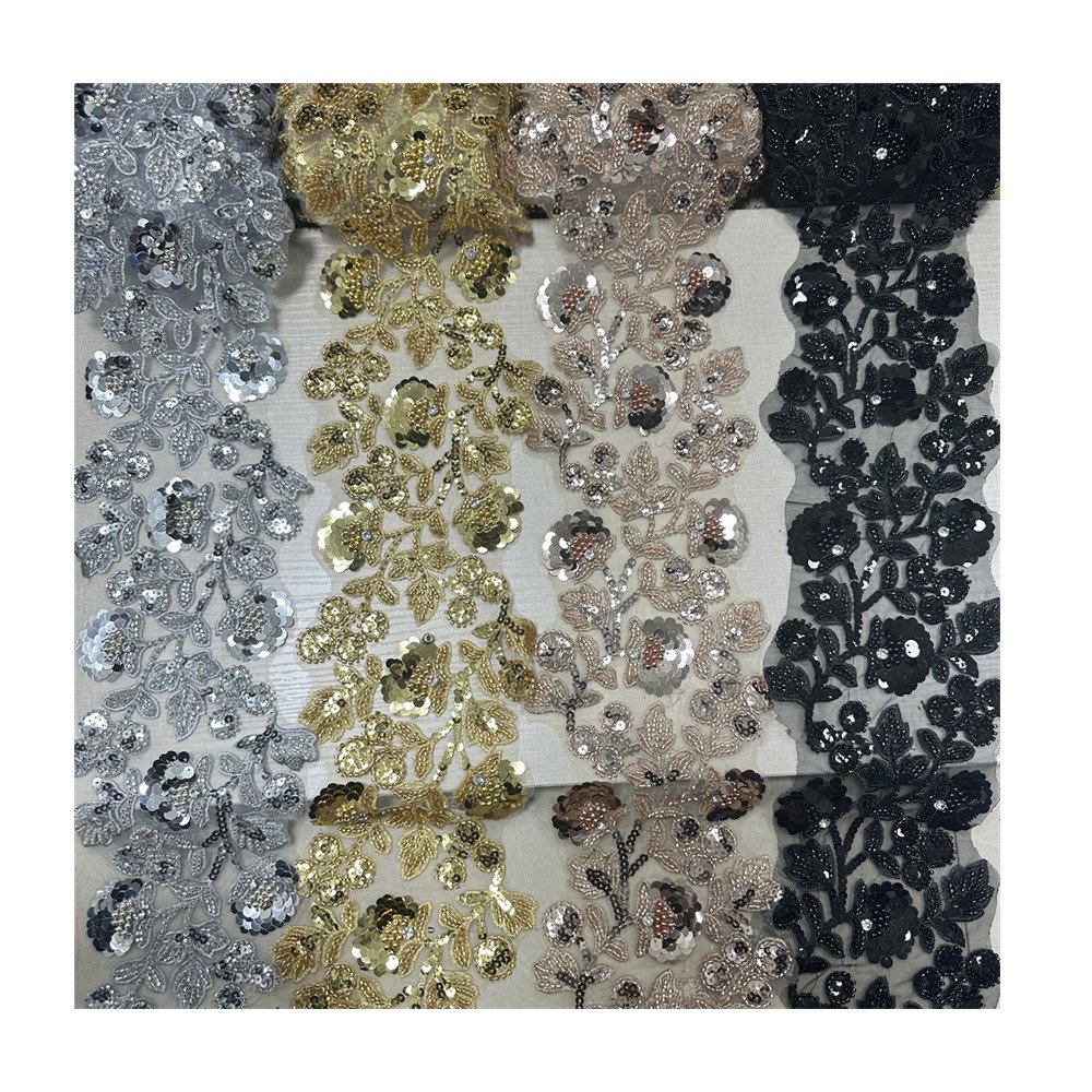 Wholesale Gold Silver Sequin Beading Embroidery Lace trim for Wedding Dress