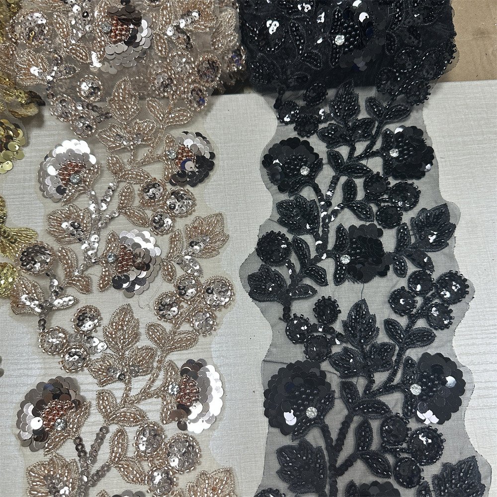 Wholesale Gold Silver Sequin Beading Embroidery Lace trim for Wedding Dress