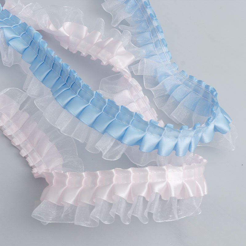 high quality wholesale colorful 4cm 2 layer organza tulle ruffle fabric dress accessories encrypted pleated chiffon Lace Trim