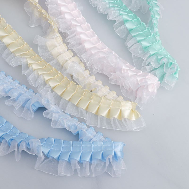 high quality wholesale colorful 4cm 2 layer organza tulle ruffle fabric dress accessories encrypted pleated chiffon Lace Trim