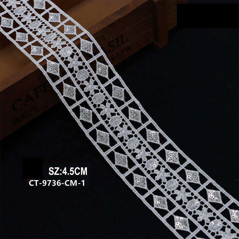 New flower lace trim with sequins and beads for wedding dress accessories water-soluble embroidery lace trim white