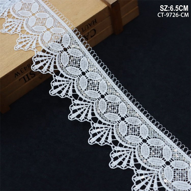New flower lace trim with sequins and beads for wedding dress accessories water-soluble embroidery lace trim white