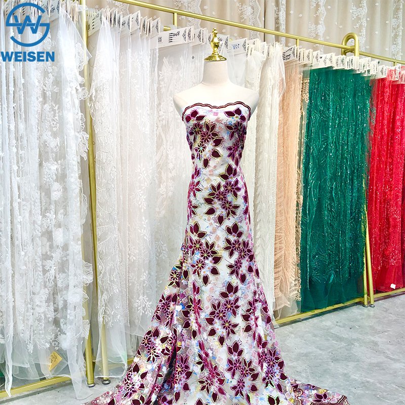 WS Romantic 130cm custom 3d printed embroidery lace trim fabric net mesh lace fabric