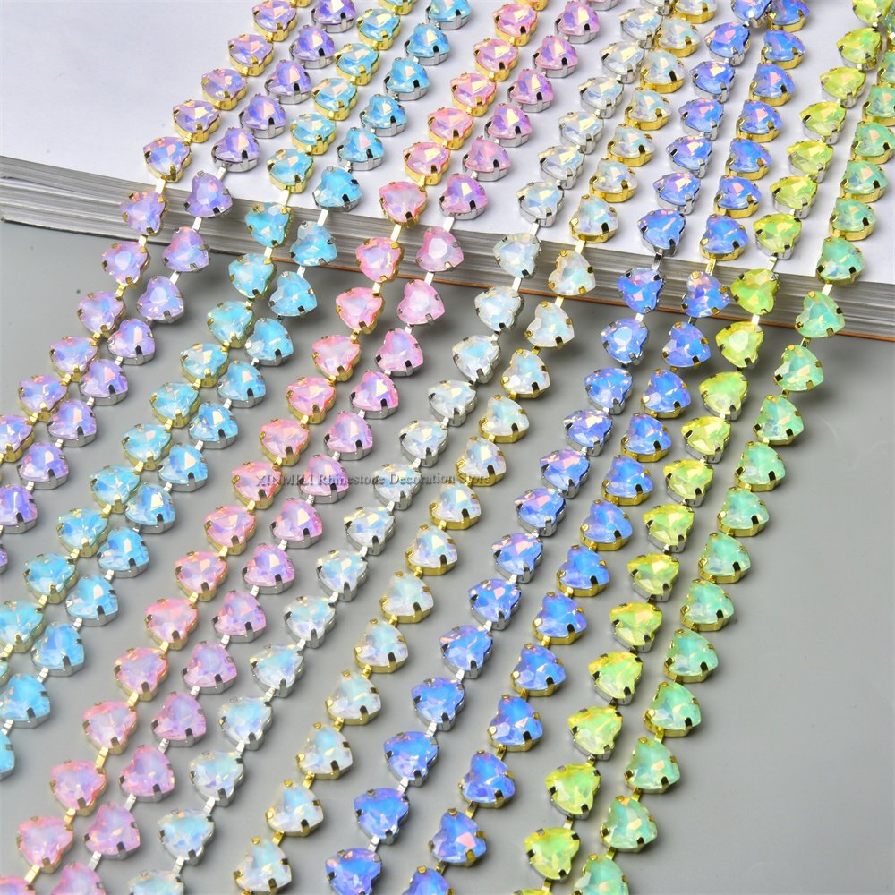 10mm High Quality Multi-color Heart Glass Crystal Metal Cup Chain DIY Wedding Jewelry Clothing Accessories Rhinestone Trim