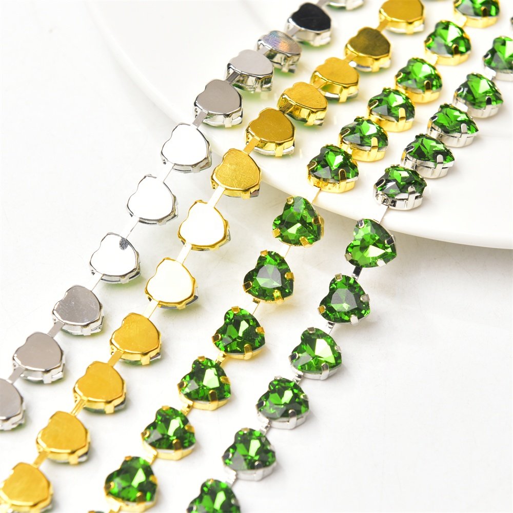 10mm High Quality Multi-color Heart Glass Crystal Metal Cup Chain DIY Wedding Jewelry Clothing Accessories Rhinestone Trim