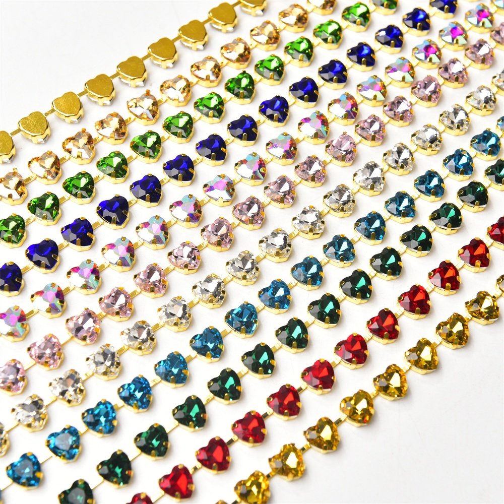 10mm High Quality Multi-color Heart Glass Crystal Metal Cup Chain DIY Wedding Jewelry Clothing Accessories Rhinestone Trim
