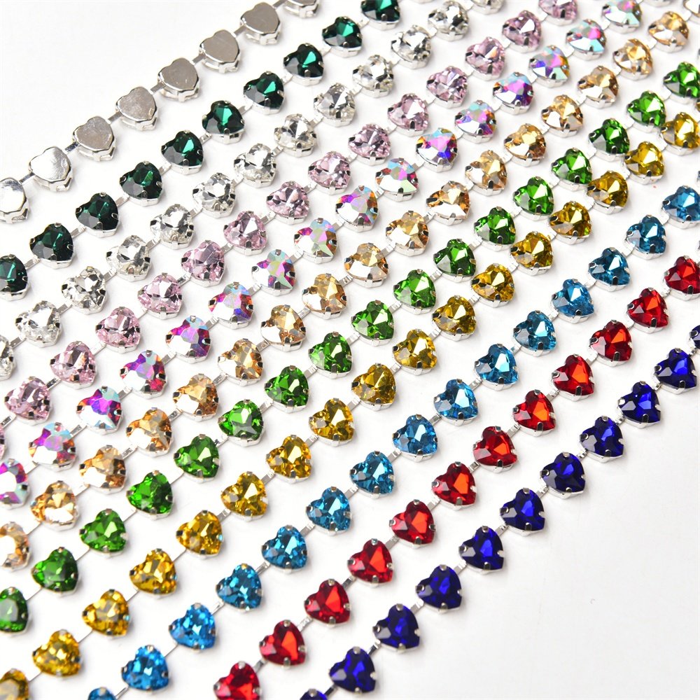 10mm High Quality Multi-color Heart Glass Crystal Metal Cup Chain DIY Wedding Jewelry Clothing Accessories Rhinestone Trim
