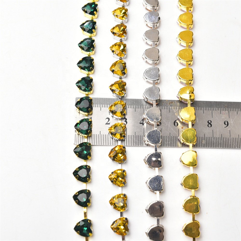 10mm High Quality Multi-color Heart Glass Crystal Metal Cup Chain DIY Wedding Jewelry Clothing Accessories Rhinestone Trim