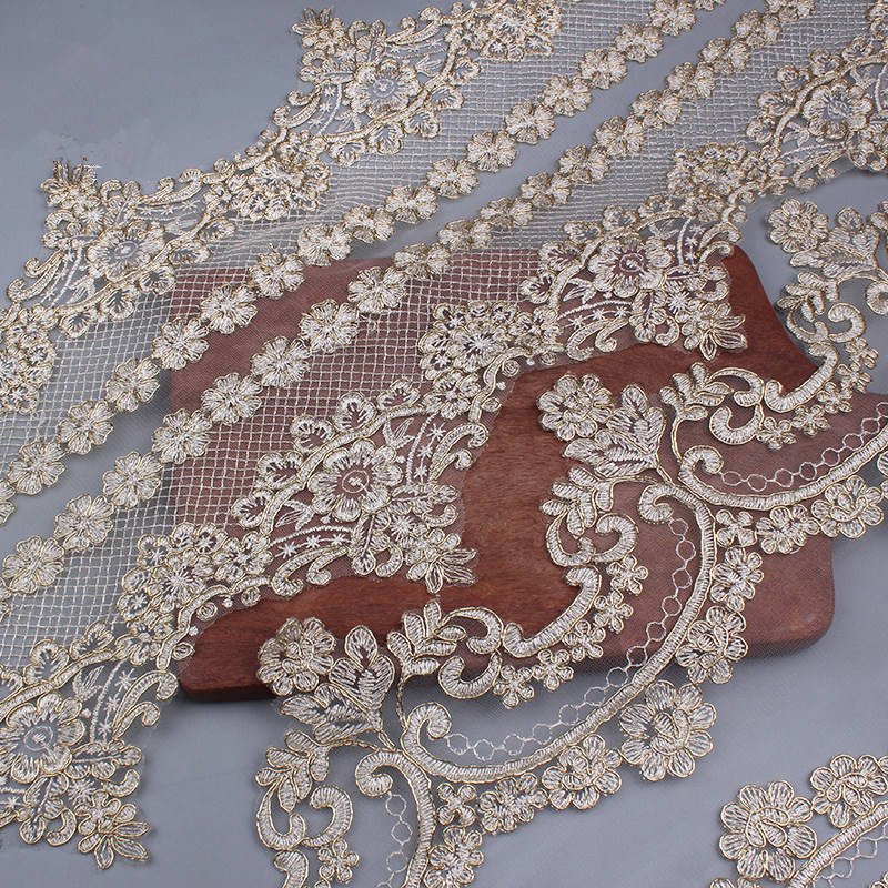 Tulle Mesh Embroidery Gold Cord Lace Fabric Trim For Home Textile Dress