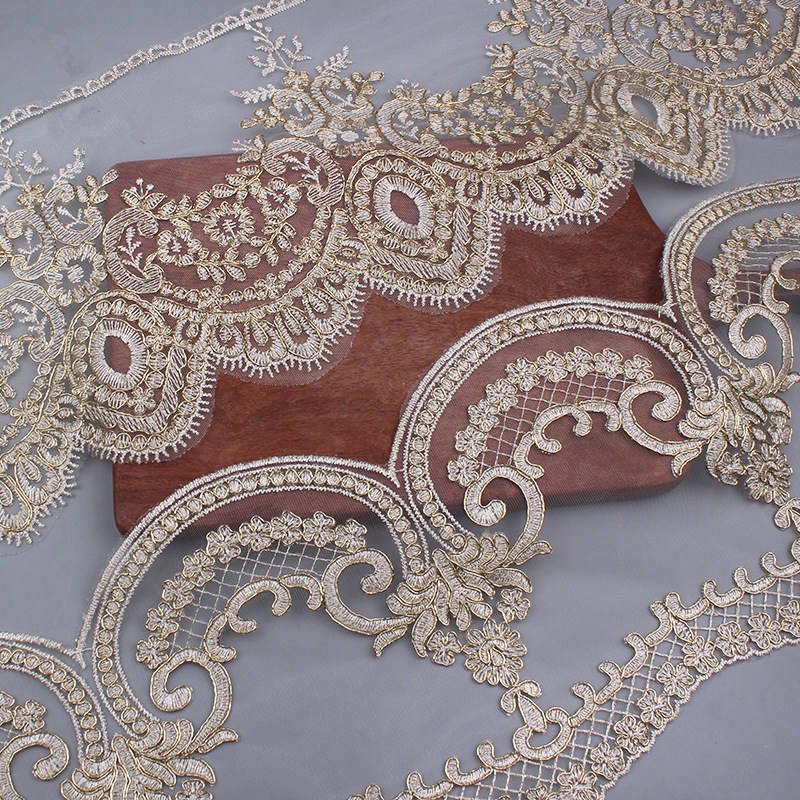 Tulle Mesh Embroidery Gold Cord Lace Fabric Trim For Home Textile Dress