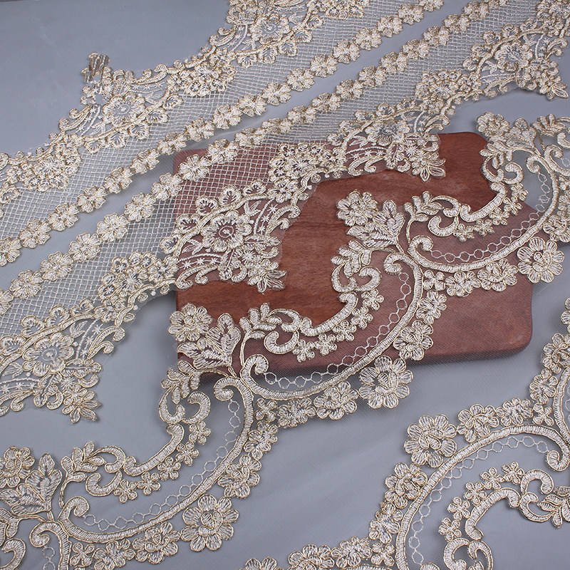 Tulle Mesh Embroidery Gold Cord Lace Fabric Trim For Home Textile Dress