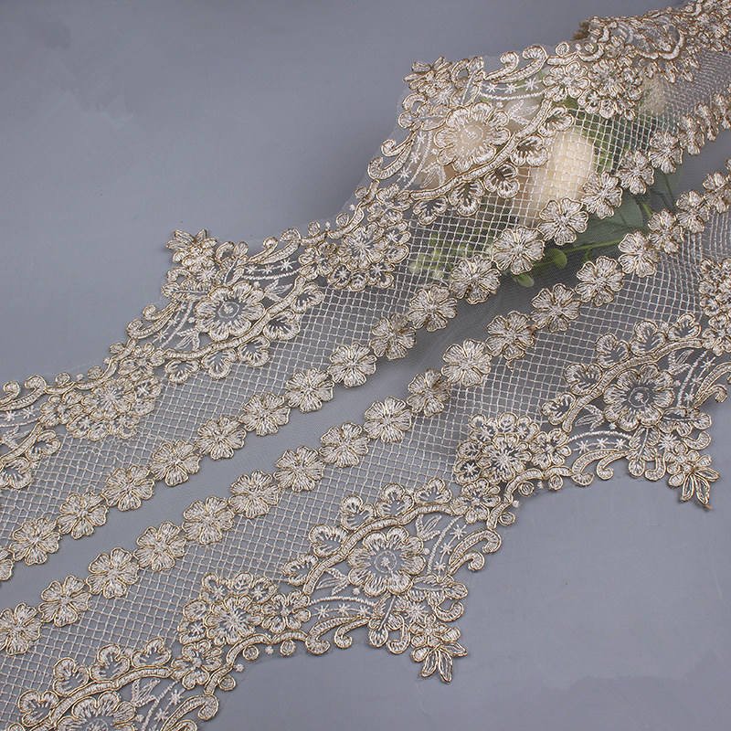 Tulle Mesh Embroidery Gold Cord Lace Fabric Trim For Home Textile Dress