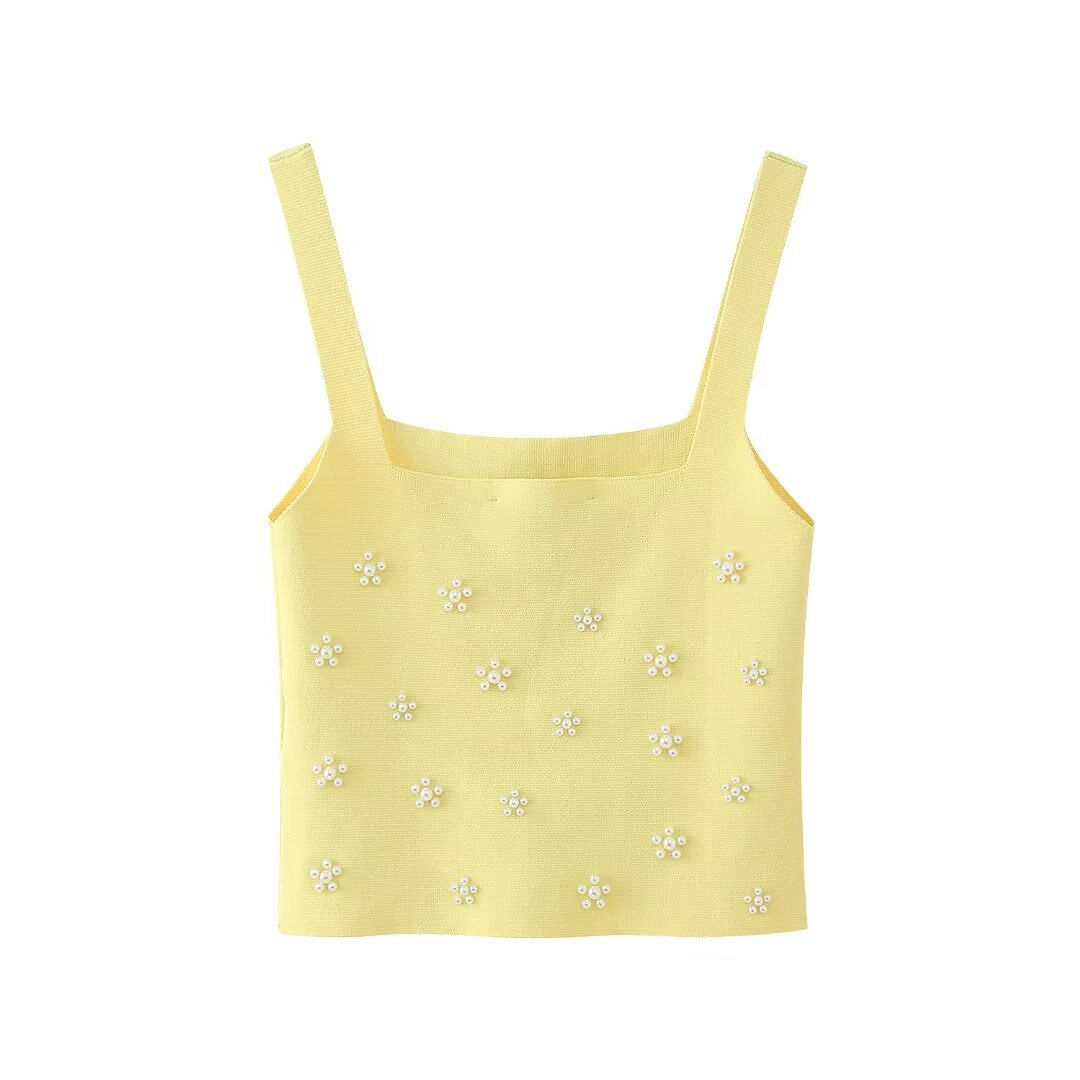 PB&ZA Women 2024 summer New Fashion Artificial pearl trim knitting Tank Tops Vintage Backless Female Camis Chic Tops