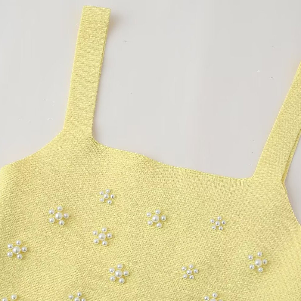 PB&ZA Women 2024 summer New Fashion Artificial pearl trim knitting Tank Tops Vintage Backless Female Camis Chic Tops