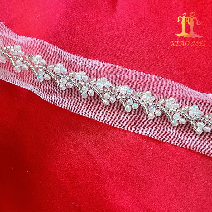 Factory price 100% polyester luxury heavy & pearl fancy beads lace trim XM-BT0058
