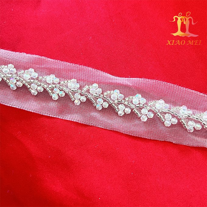 Factory price 100% polyester luxury heavy & pearl fancy beads lace trim XM-BT0058
