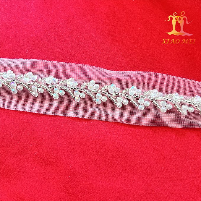 Factory price 100% polyester luxury heavy & pearl fancy beads lace trim XM-BT0058