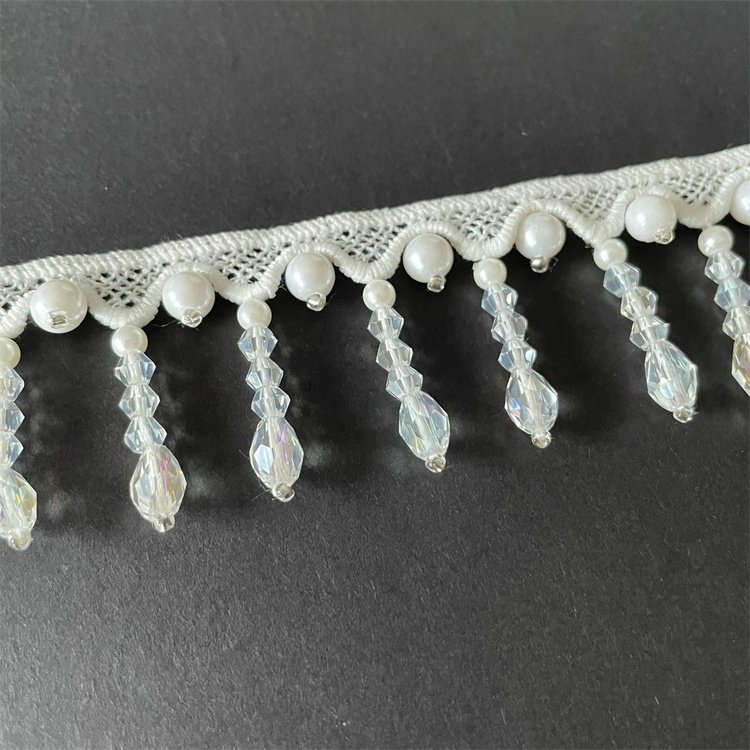 Custom handmade 3.5cm crystal beaded tassel trim bridal lace trim for garment