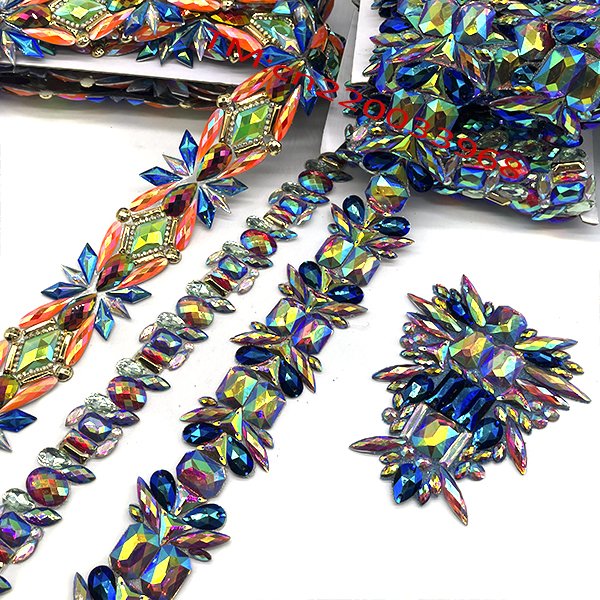 2024 Handmade Customized carnival costumes Resin beads hot fix stone applique patch trim with trimming for fiesta party