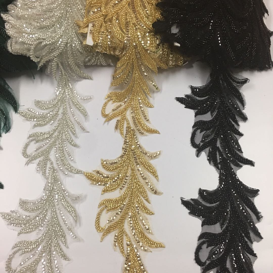 Emerald green handmade seed beaded embroidery leaf trimming 3d leaf applique