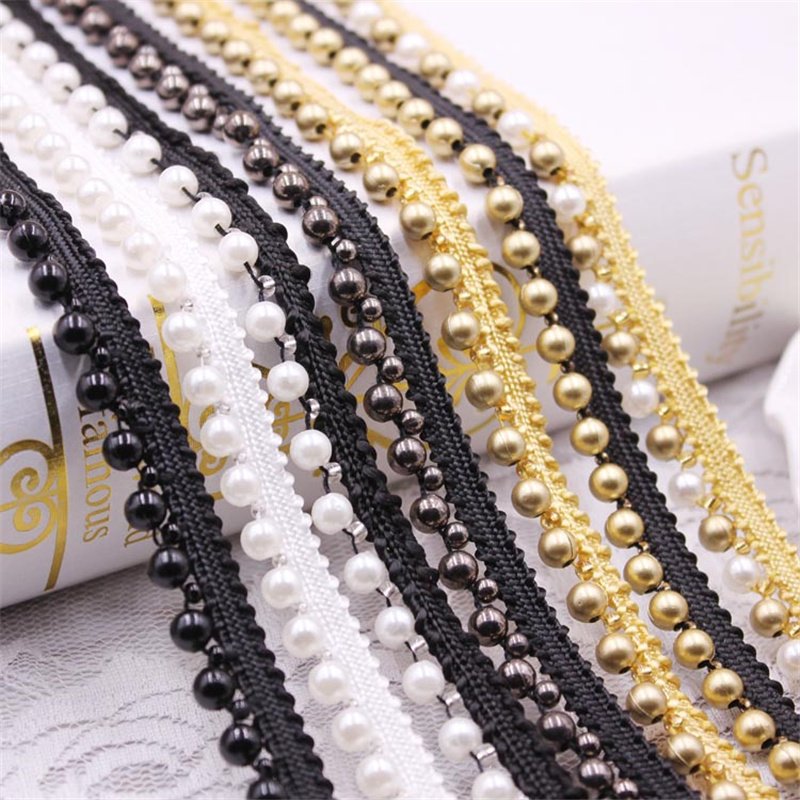 White/blacl/gold Fabric Handmade Sewing Craft Material Cloth Pearl Beaded Lace Ribbon Tape Trim