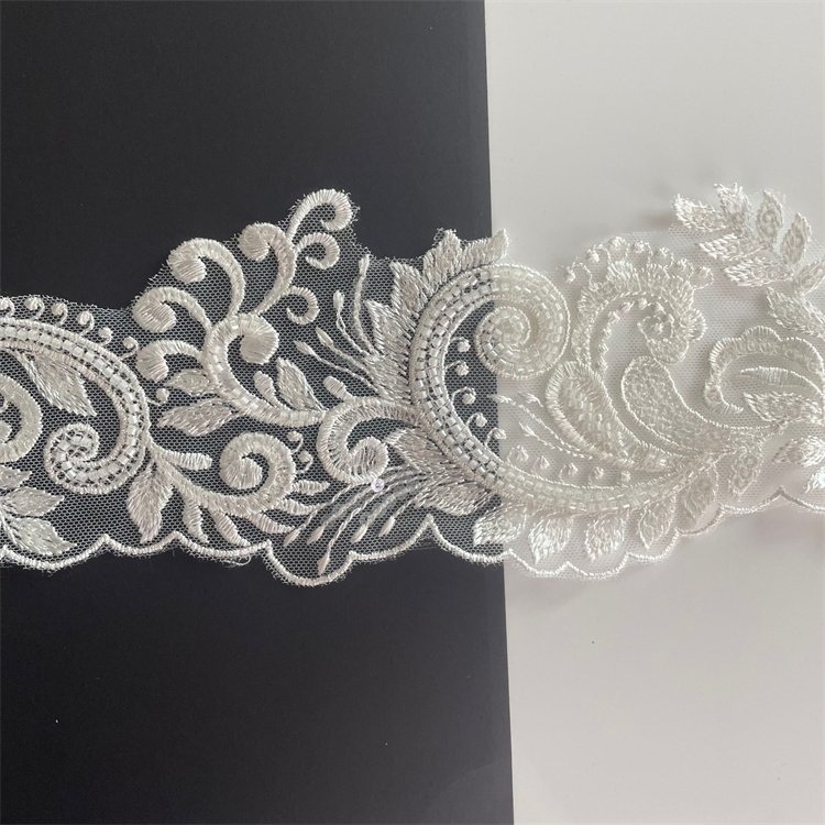 Factory Wholesale 11cm Beaded Sew On Vintage Lace Trim Embroidered