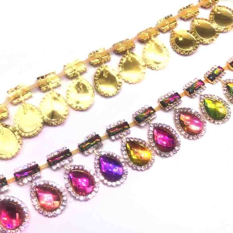 Wholesale fashion colorful rhinestone trim iridescence trim rhinestone fringe for costume dress making
