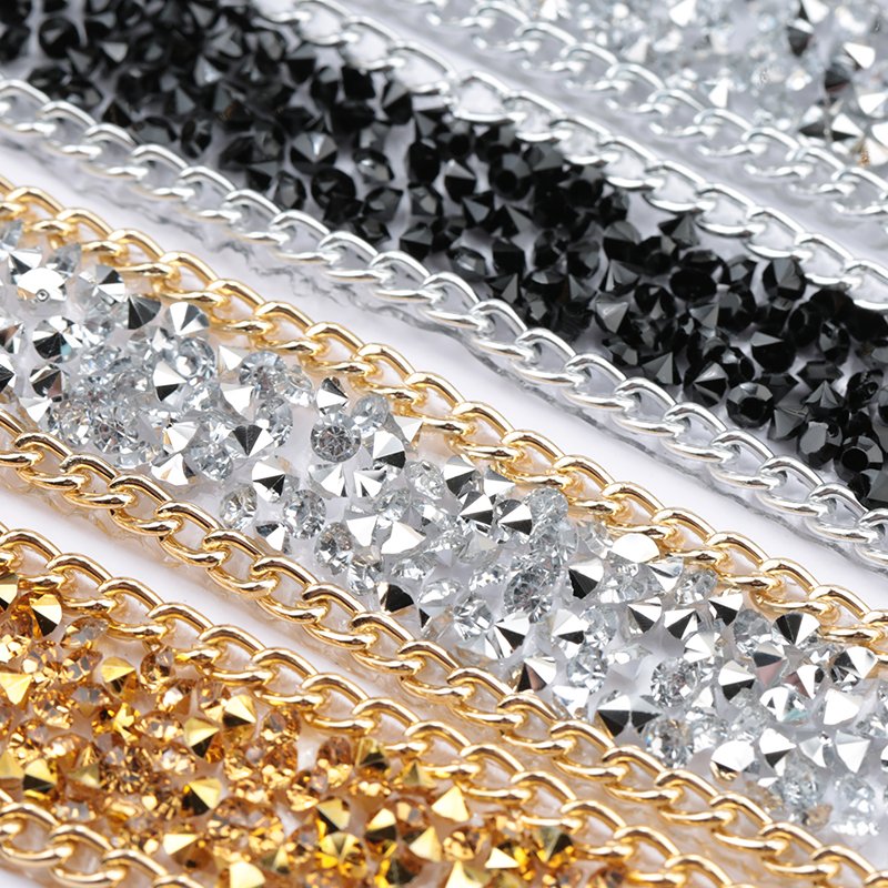 19.5mm Gold/silver Tape Crystal Hot Fix Trimming Rhinestone Fringe Trim On Roll For Dressing Garment Shoes
