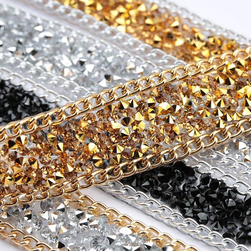 19.5mm Gold/silver Tape Crystal Hot Fix Trimming Rhinestone Fringe Trim On Roll For Dressing Garment Shoes
